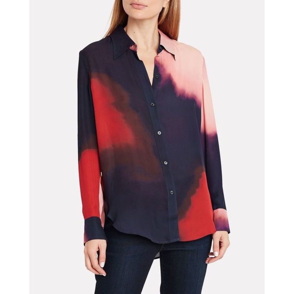 ALC Silk Abstract Watercolor Print Button Down Blouse Navy Pink Red Size 4